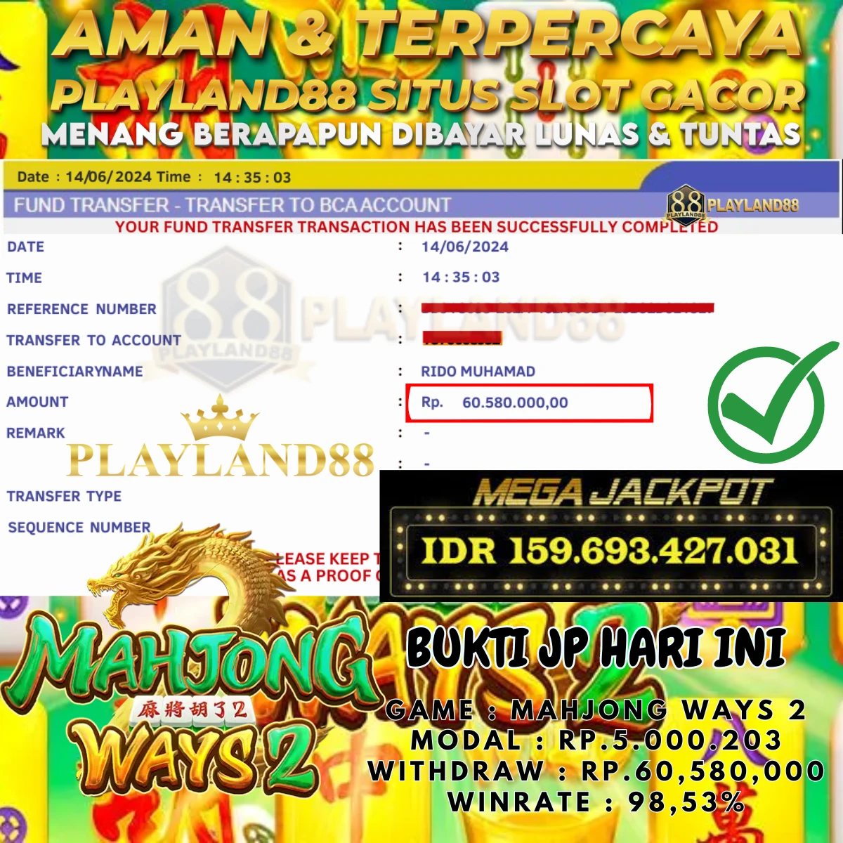 BUKTI JACKPOT MAHJONG WAYS 2 PLAYLAND88